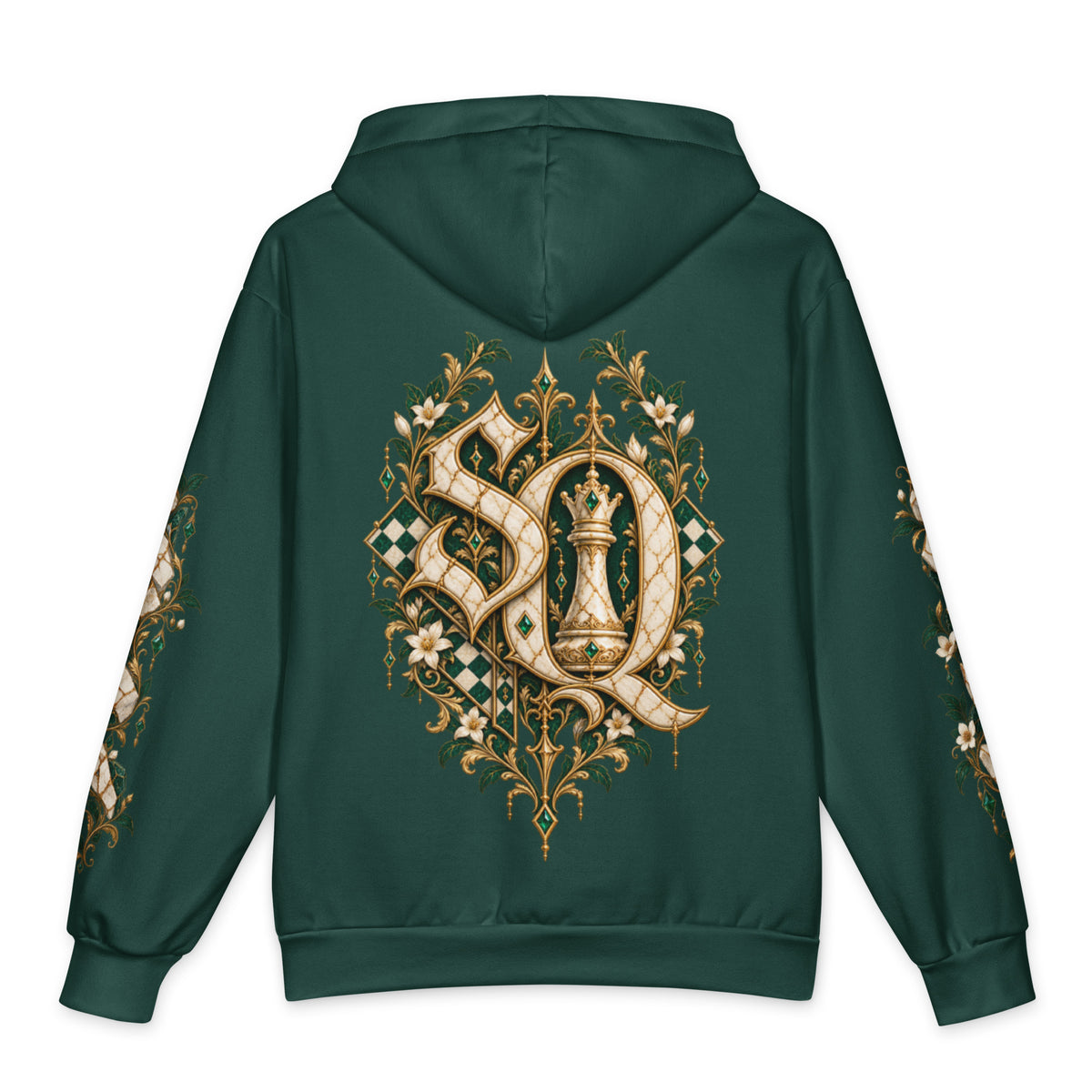 Back of emerald hoodie with SQ monogram print