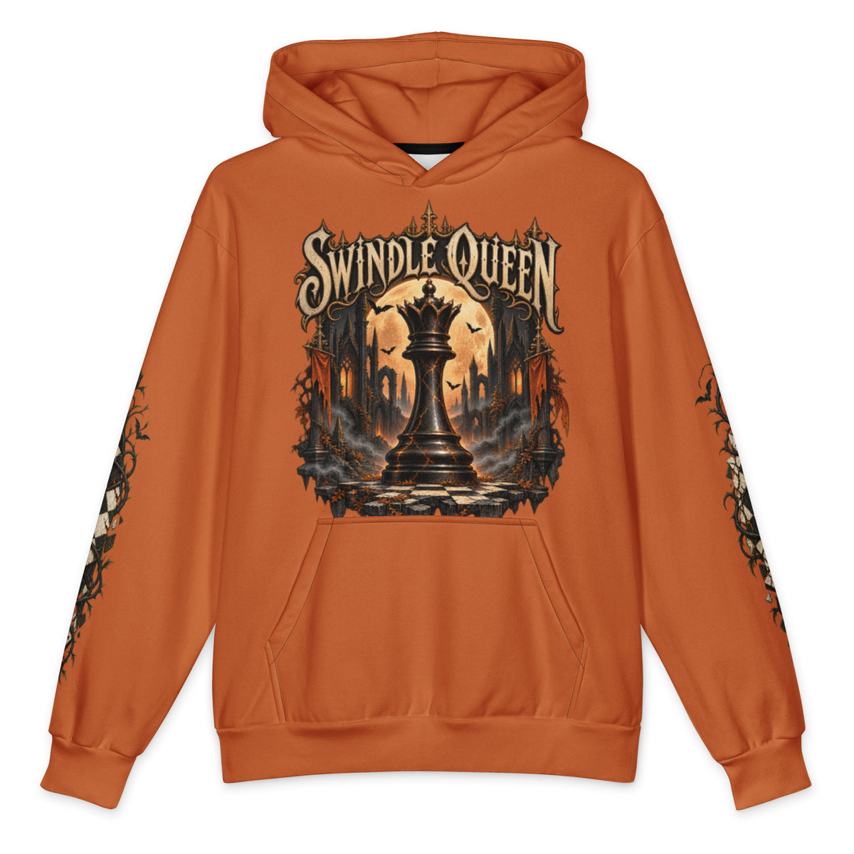 Burnt Orange oversized hoodie with gothic SWINDLE QUEEN graphic — queen chess piece, cathedral and blood moon