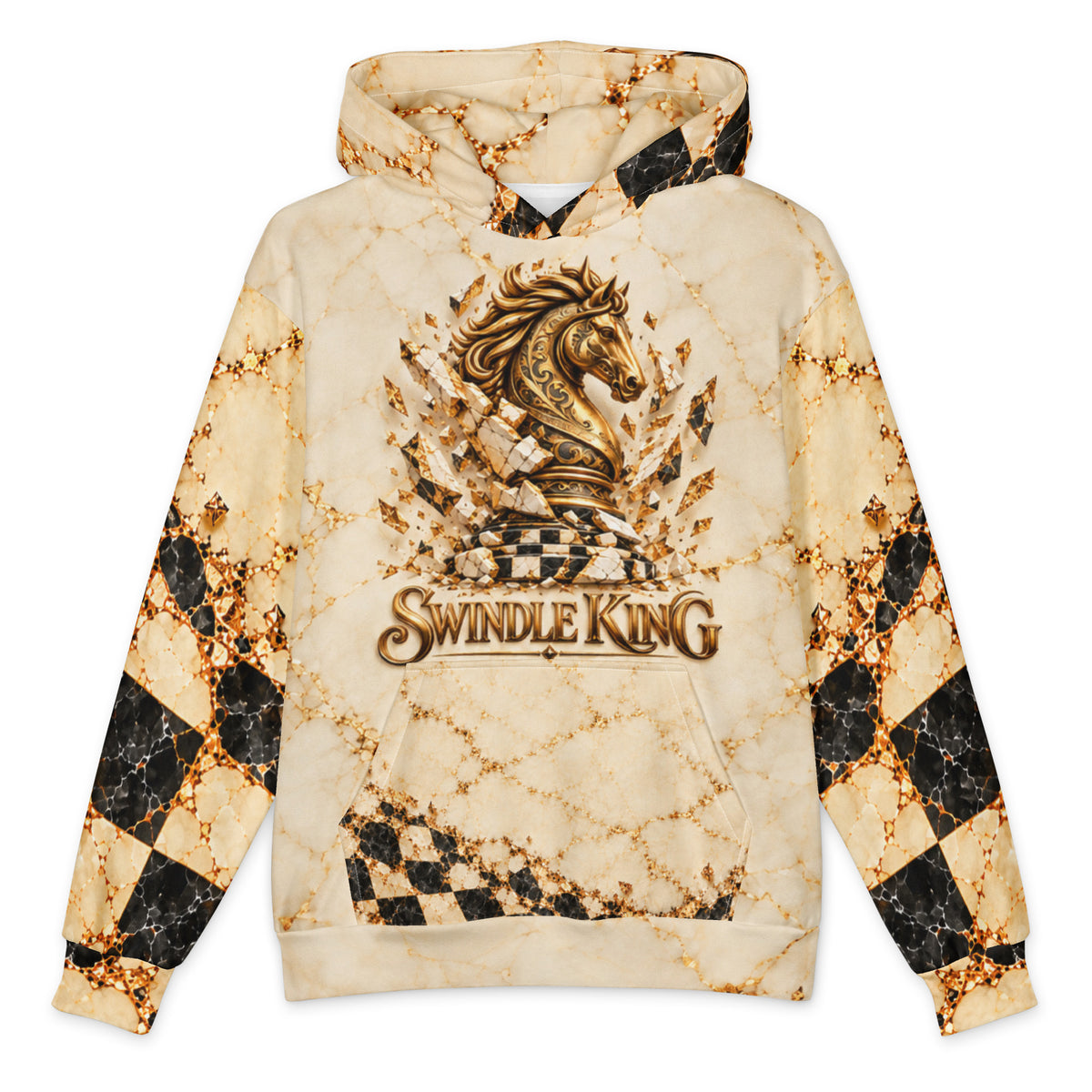 Swindle King Unbroken Knight ivory hoodie with gold knight and SK monogram print