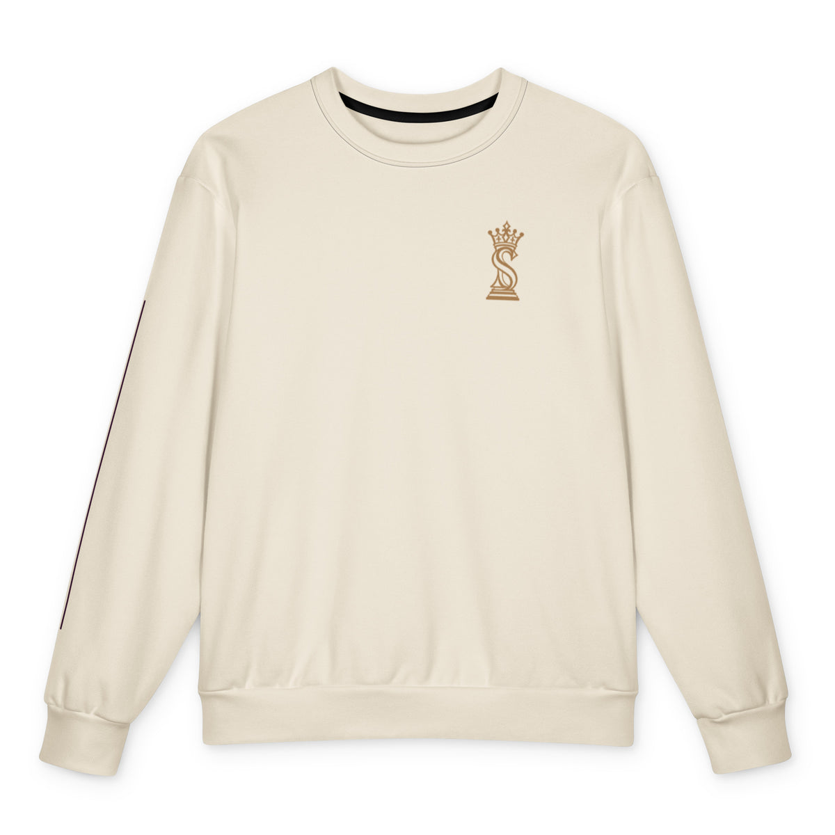 Cream oversized sweatshirt front view with gold crowned-S queen emblem on the left chest
