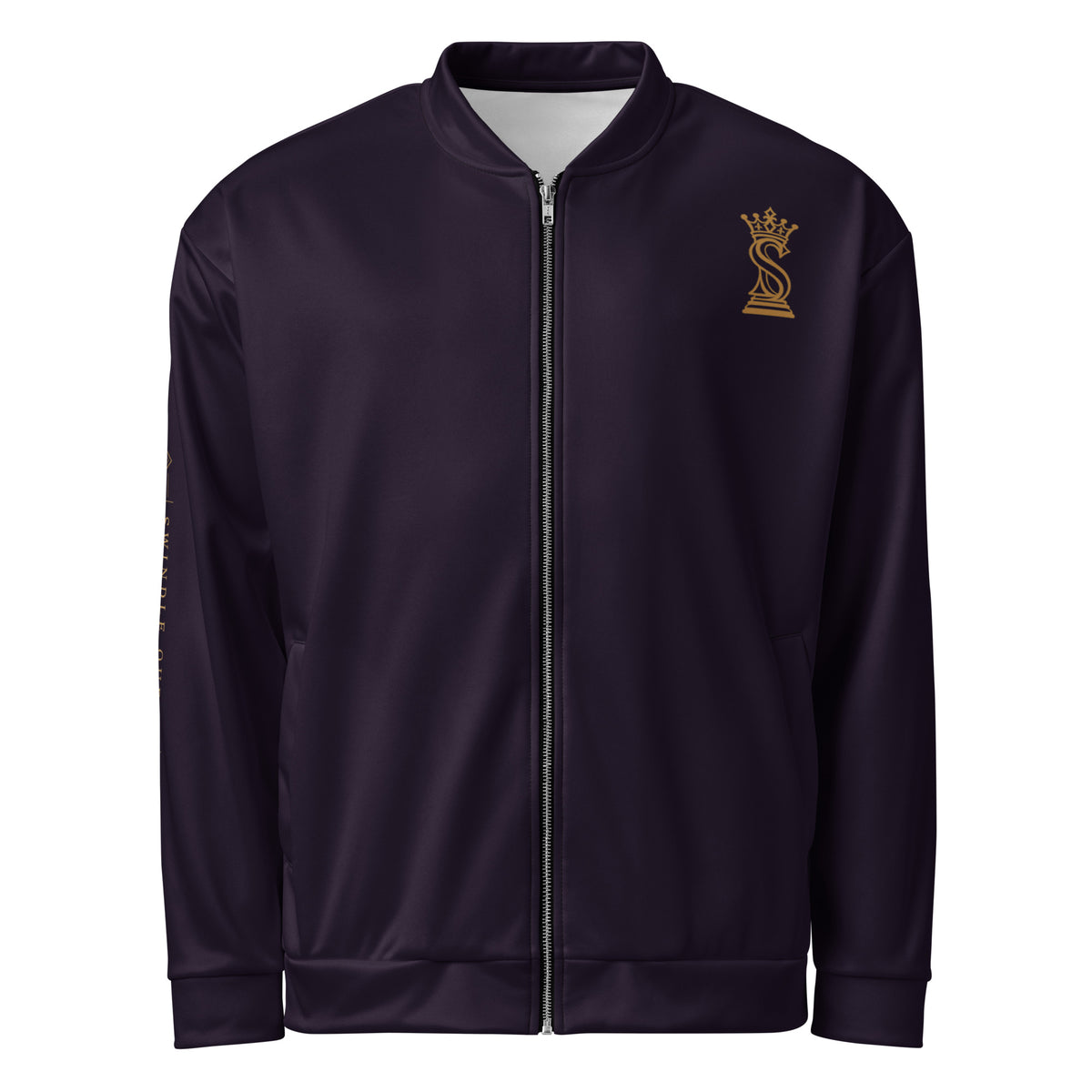Front view of a black Swindle Queen bomber jacket with a gold crowned-S queen emblem on the left chest.
