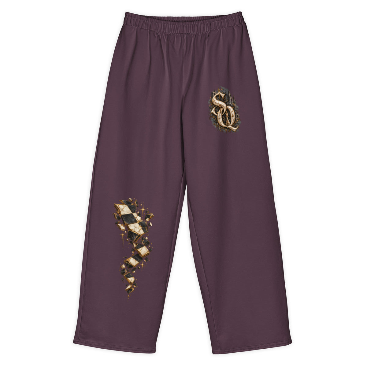 Plum wide-leg sweatpants with gold SQ monogram on thigh and shattered chessboard print down the leg