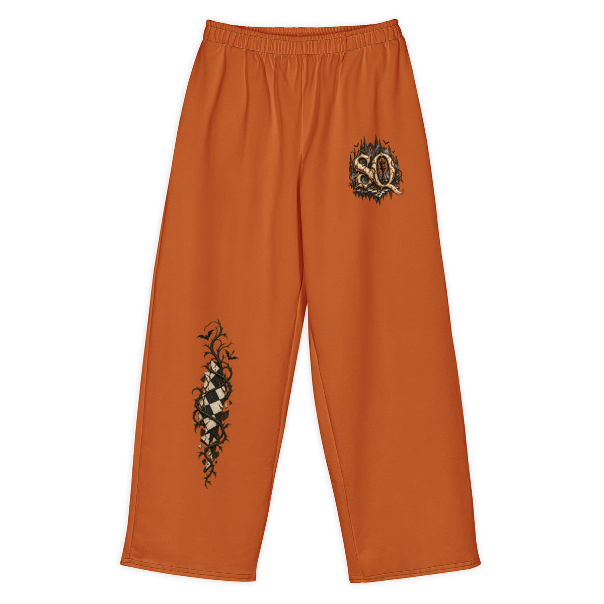 Burnt Orange wide-leg sweatpants with gold SQ monogram on thigh and gothic chessboard print down the leg