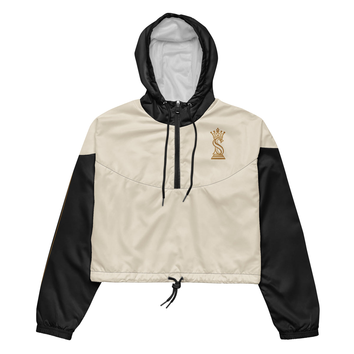 Front view of the two-tone Swindle Queen cropped windbreaker — cream body, black sleeves and hood — with gold crowned-S queen emblem on the left chest.