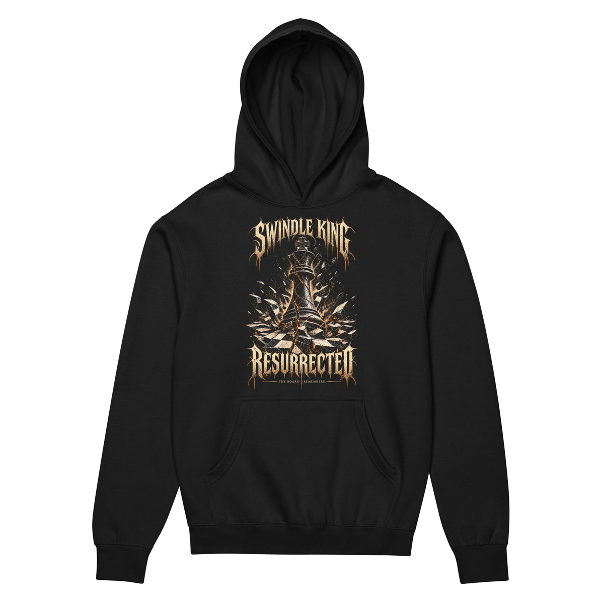 Black box hoodie with gold SWINDLE KING RESURRECTED graphic, king chess piece rising through shattered glass
