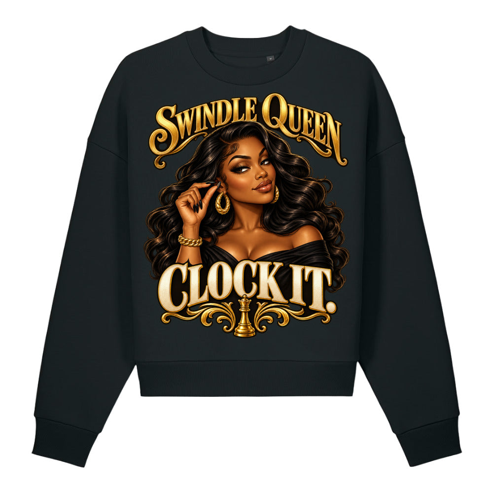 Black sweatshirt with gold SWINDLE QUEEN graphic — glamorous queen illustration with CLOCK IT lettering