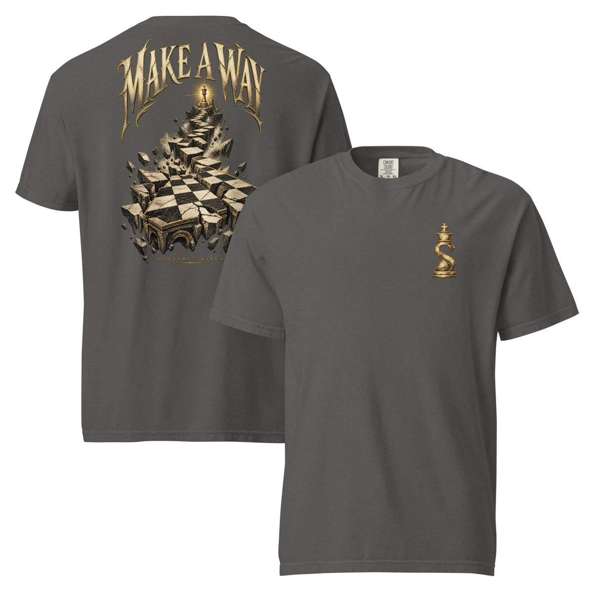 Black heavyweight Swindle King tee — small gold chess piece on the chest; back with large gold MAKE A WAY lettering over a crumbling chessboard graphic.