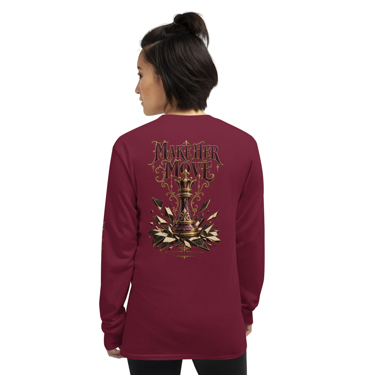 Back of maroon Swindle Queen long sleeve with large gold MAKE HER MOVE lettering over a shattered-glass queen chess piece graphic.