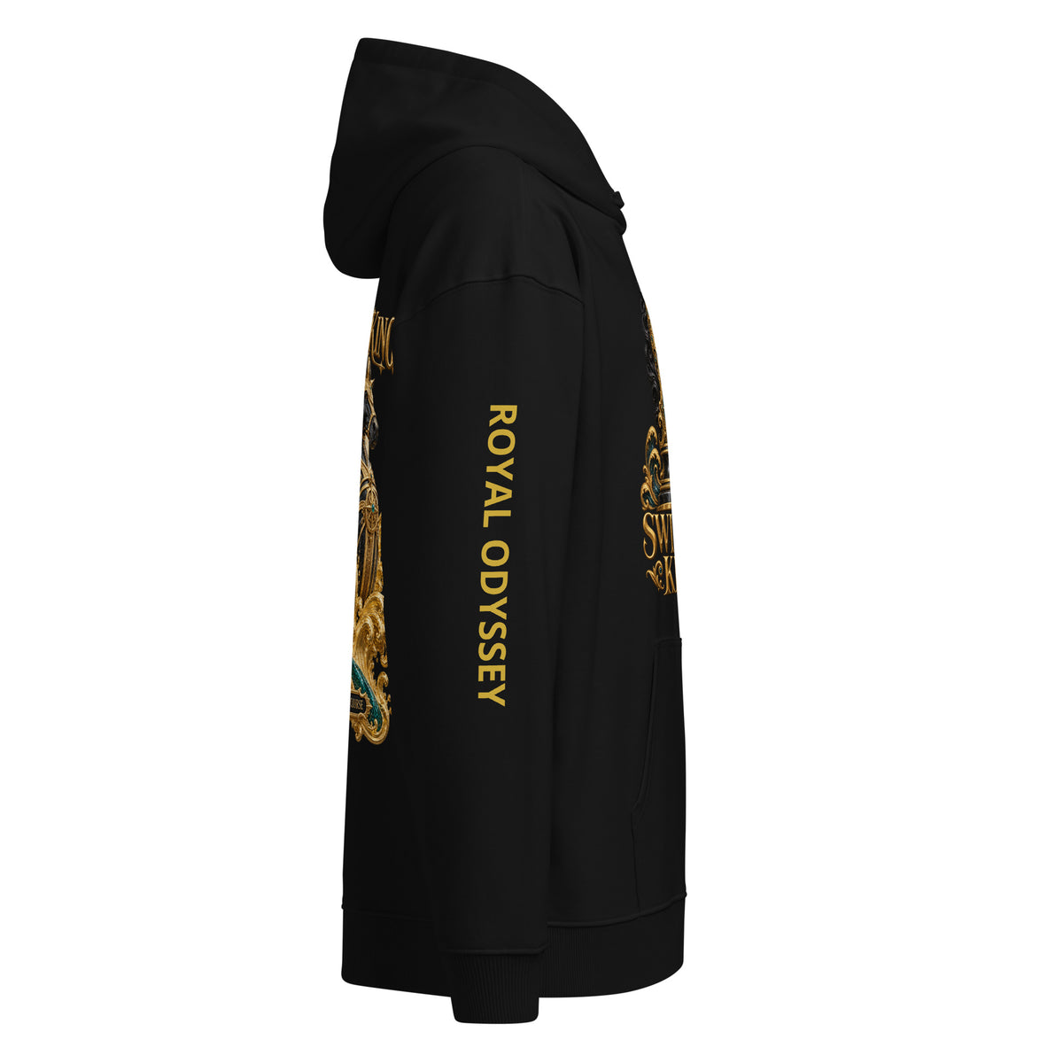 Swindle King Royal Odyssey black hoodie with gold knight and ship print