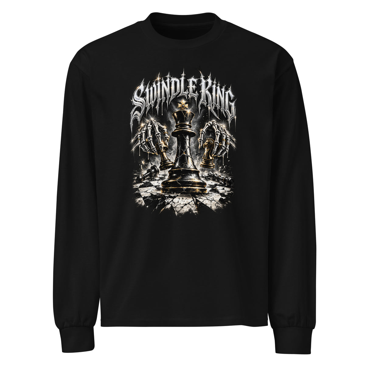 Black long-sleeve shirt with a cracked chess king and skeleton hands graphic on the front