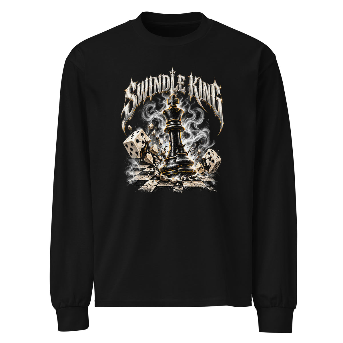 Black long-sleeve shirt with a white chess king, dice, and SWINDLE KING lettering graphic on the front
