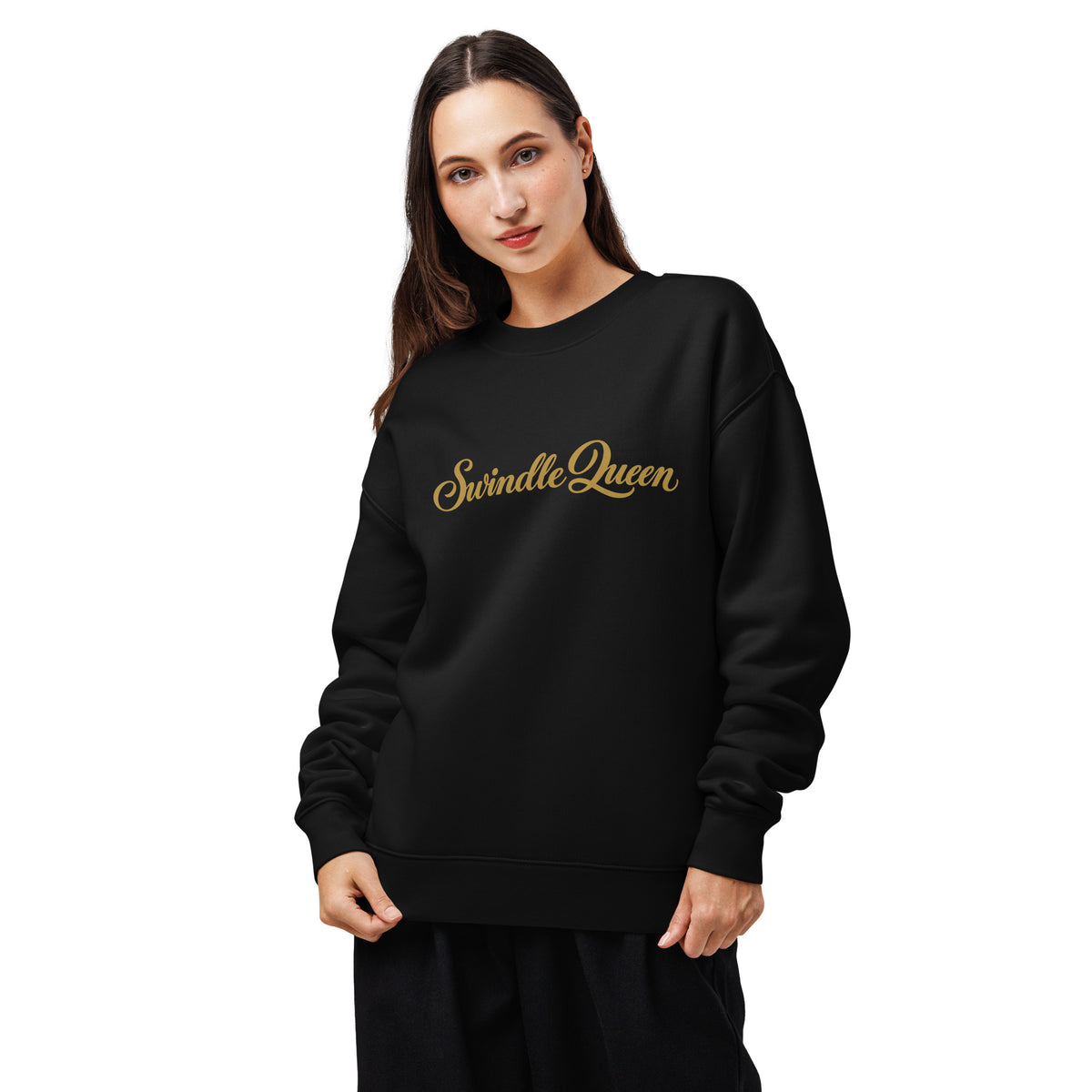 Black crewneck sweatshirt with gold script Swindle Queen lettering across the chest
