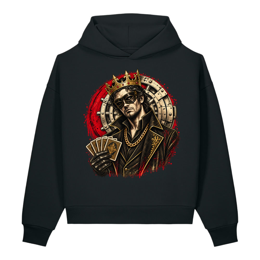 Black heavyweight hoodie with crowned king holding playing cards graphic – Swindle King King of the Job