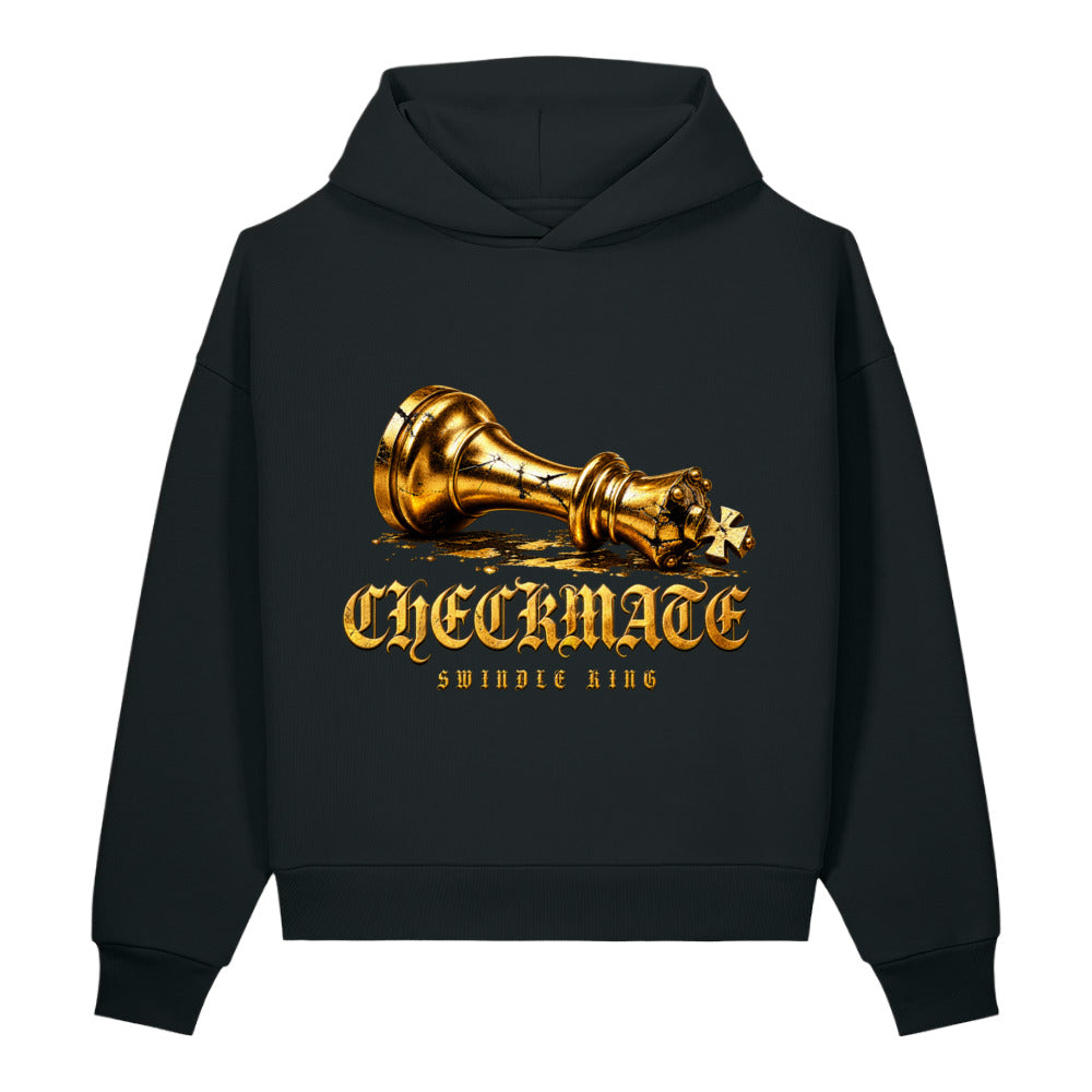 Black hoodie with a toppled cracked gold king chess piece and gold CHECKMATE gothic lettering on the front