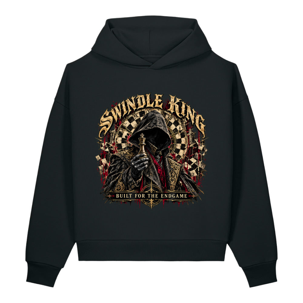 Black hoodie with a hooded figure holding a gold chess king piece, SWINDLE KING lettering and BUILT FOR THE ENDGAME text on the front