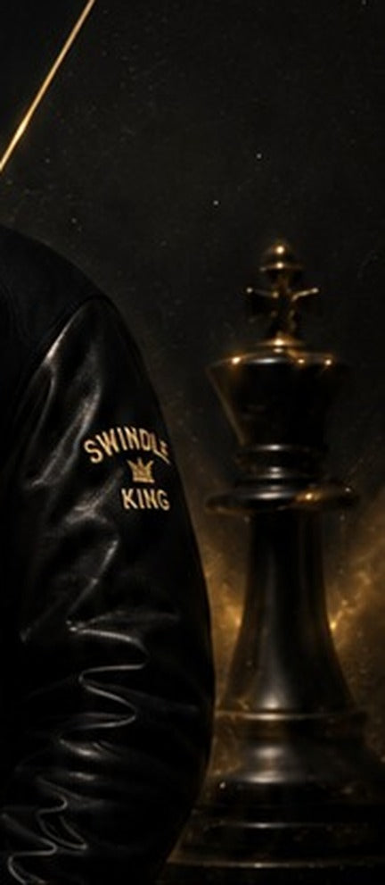 Black chess king lit in gold — the Swindle King motif
