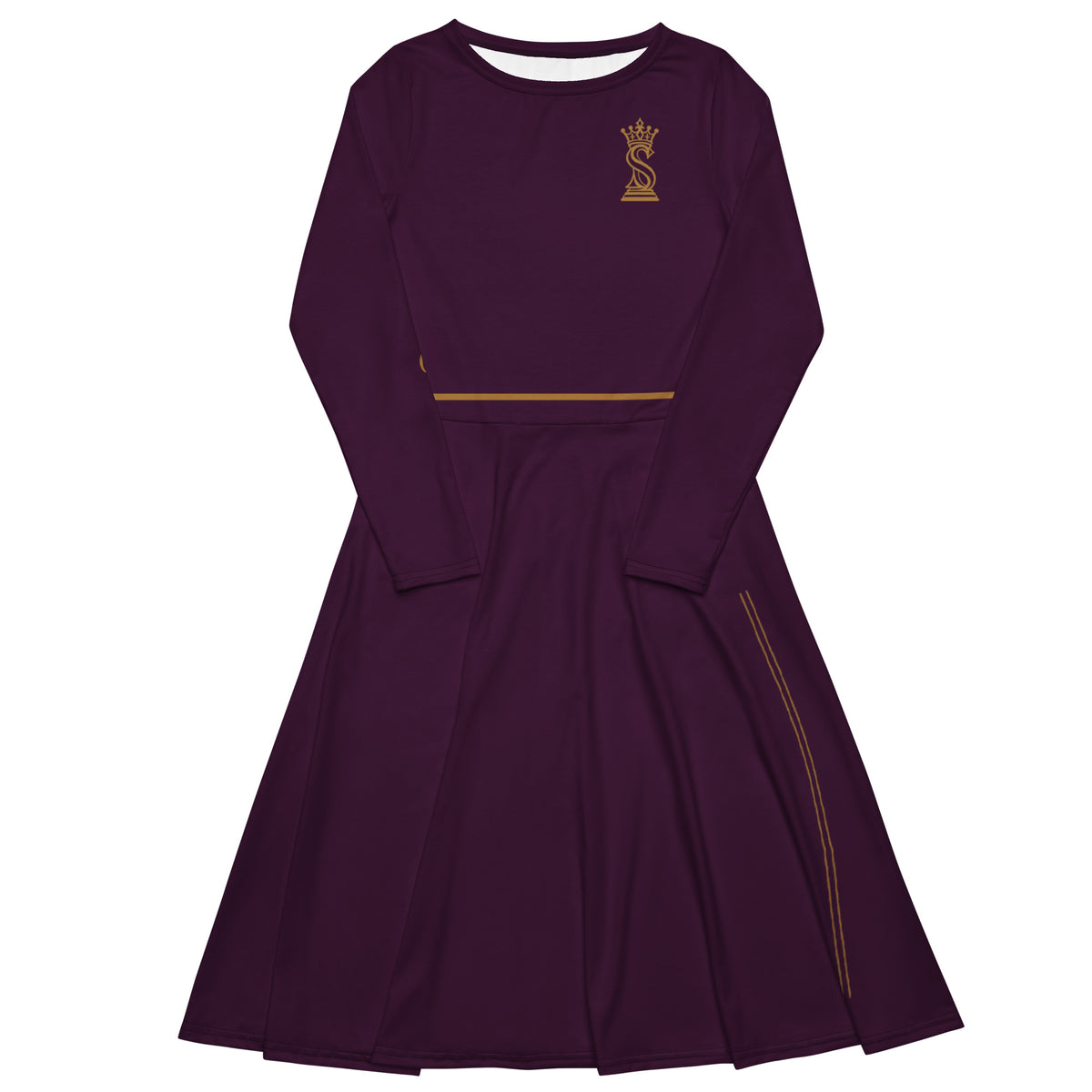 Maroon long-sleeve midi dress, front view, with gold crowned-S queen chest emblem, gold waistband, and slim gold vertical skirt stripe