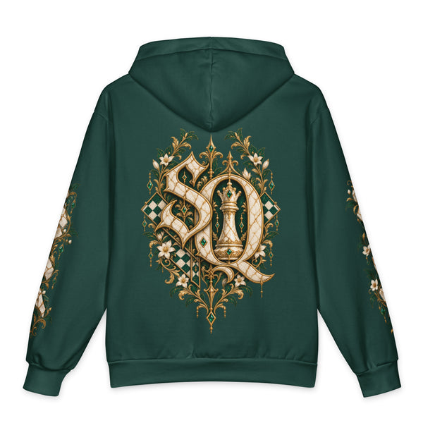 Back of emerald hoodie with SQ monogram print