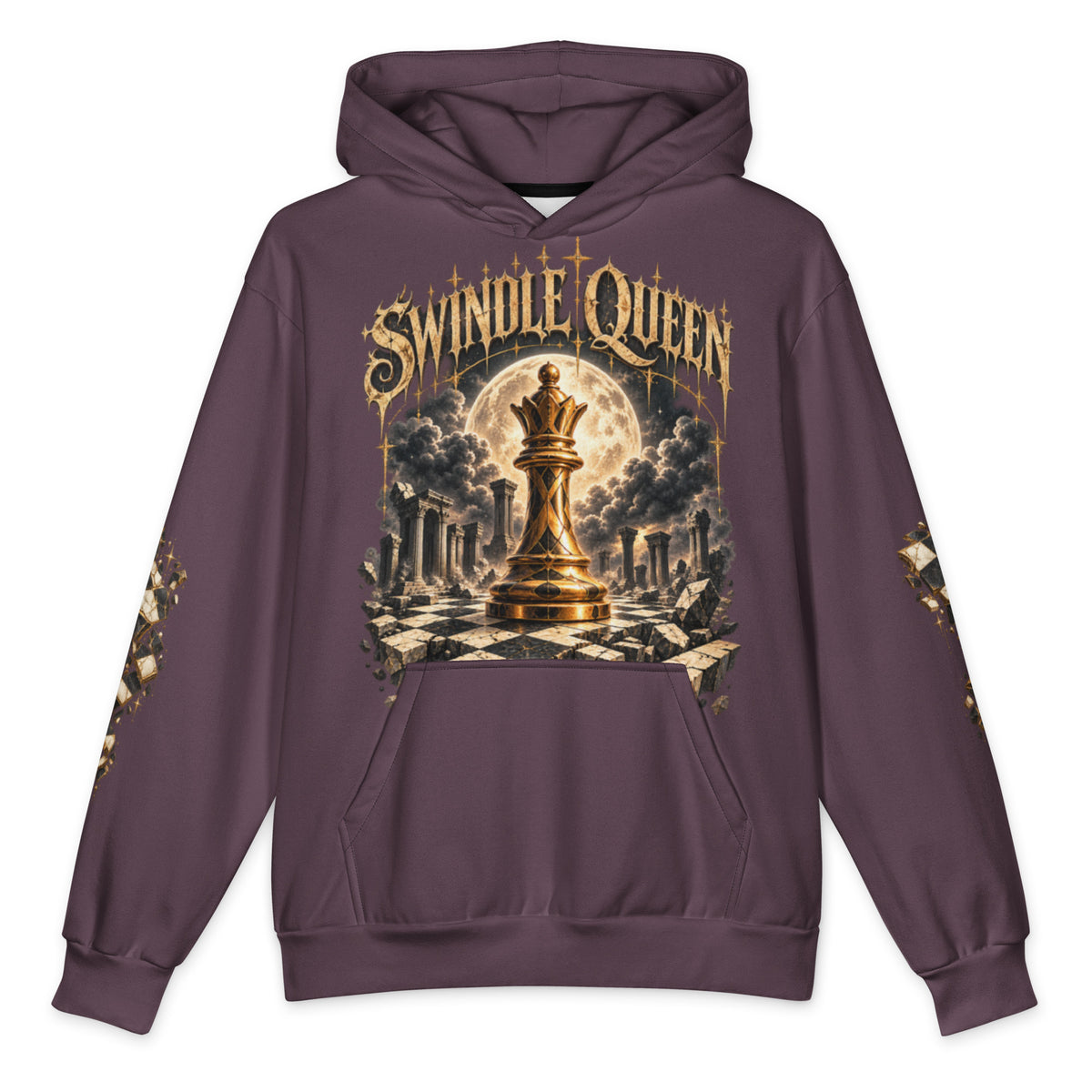 Plum hoodie with gold SWINDLE QUEEN graphic, queen chess piece on shattered chessboard under a full moon
