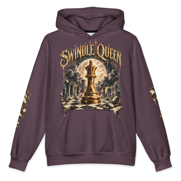 Plum hoodie with gold SWINDLE QUEEN graphic, queen chess piece on shattered chessboard under a full moon