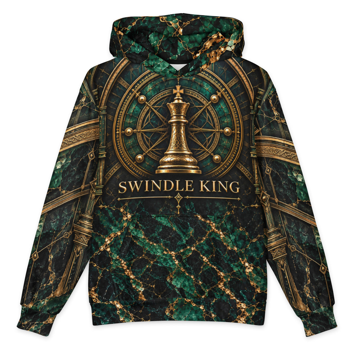 Swindle King Grandmaster's Vault emerald hoodie with gold king medallion and SK monogram print