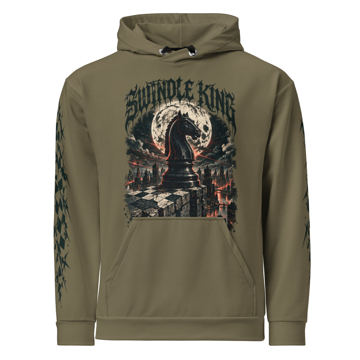Olive green hoodie with a chess knight before a full moon and SWINDLE KING lettering on the front