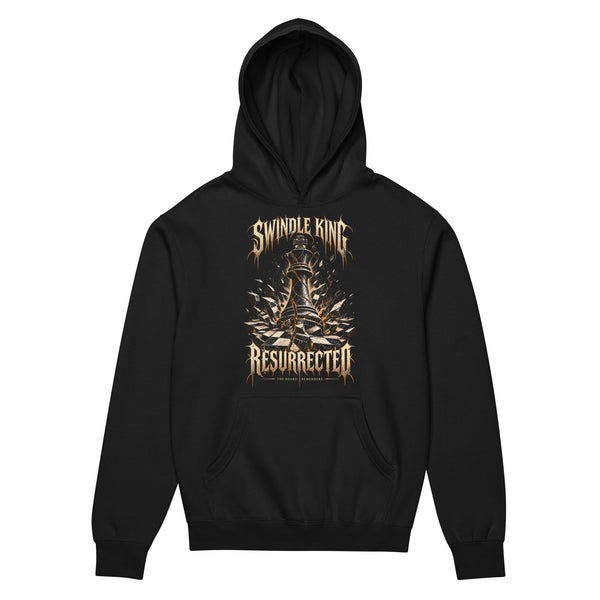 Black box hoodie with gold SWINDLE KING RESURRECTED graphic, king chess piece rising through shattered glass