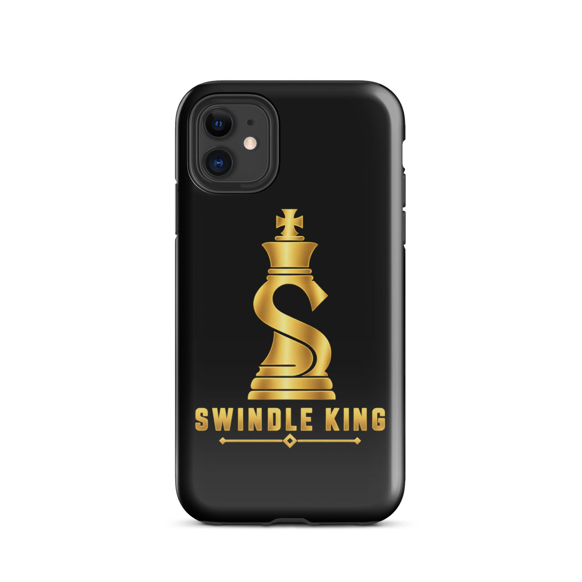 Black tough phone case with a gold chess king and SWINDLE KING lettering