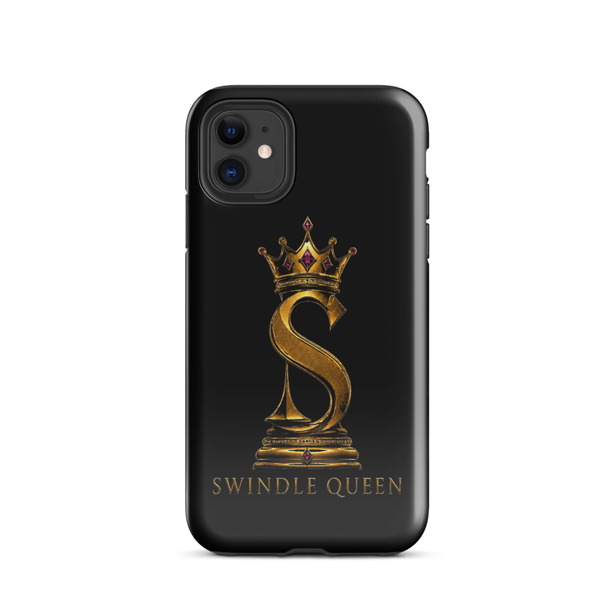 Black tough phone case with a gold crowned chess queen and SWINDLE QUEEN lettering