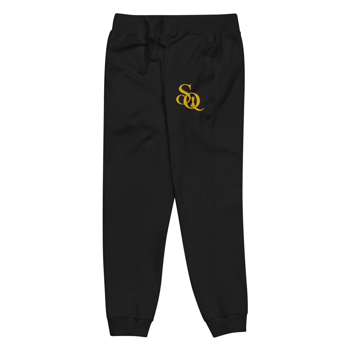Swindle Queen Onyx Bloom black joggers with gold SQ monogram on the thigh