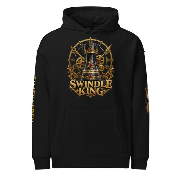 Swindle King Timekeeper black hoodie with gold rook and hourglass print