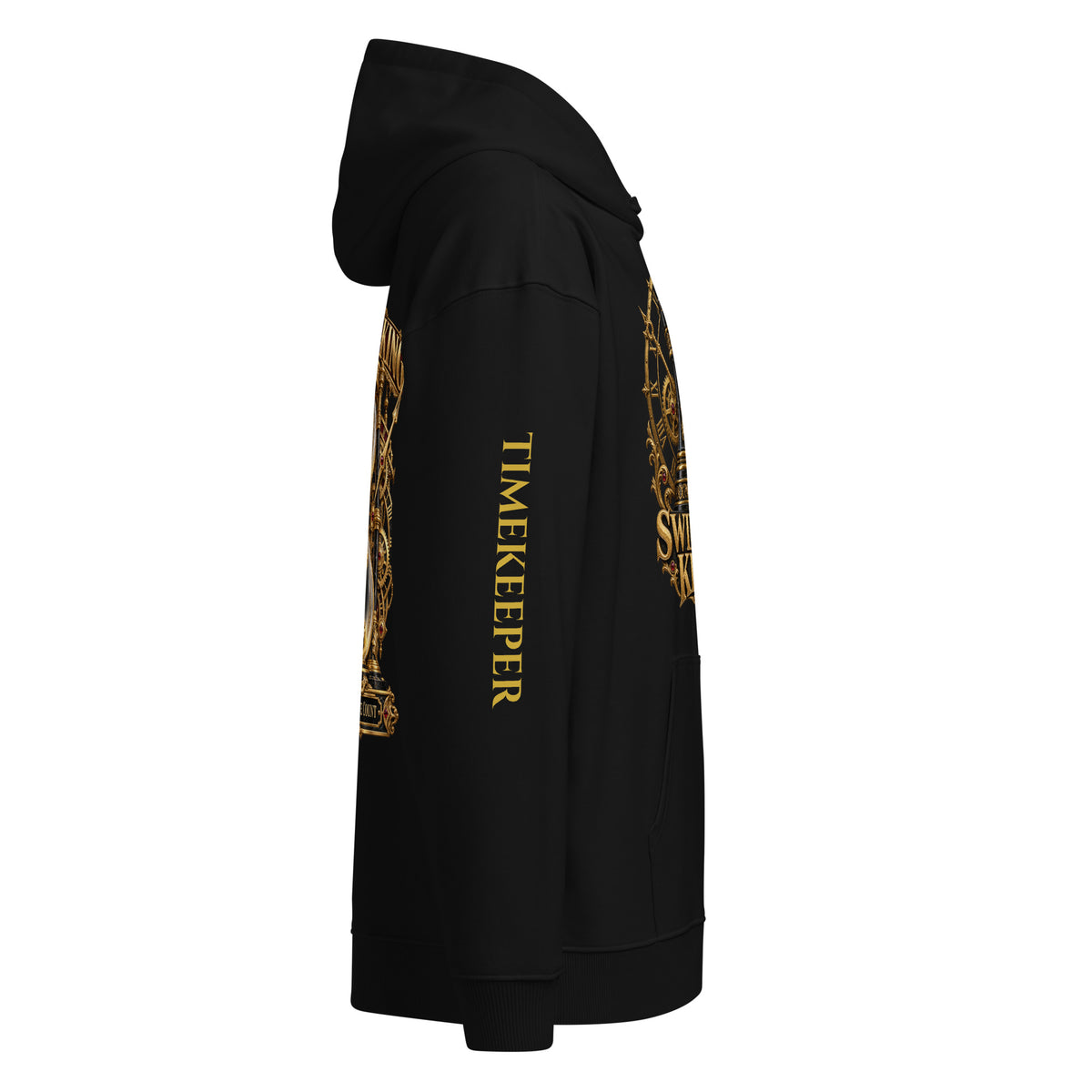Swindle King Timekeeper black hoodie with gold rook and hourglass print
