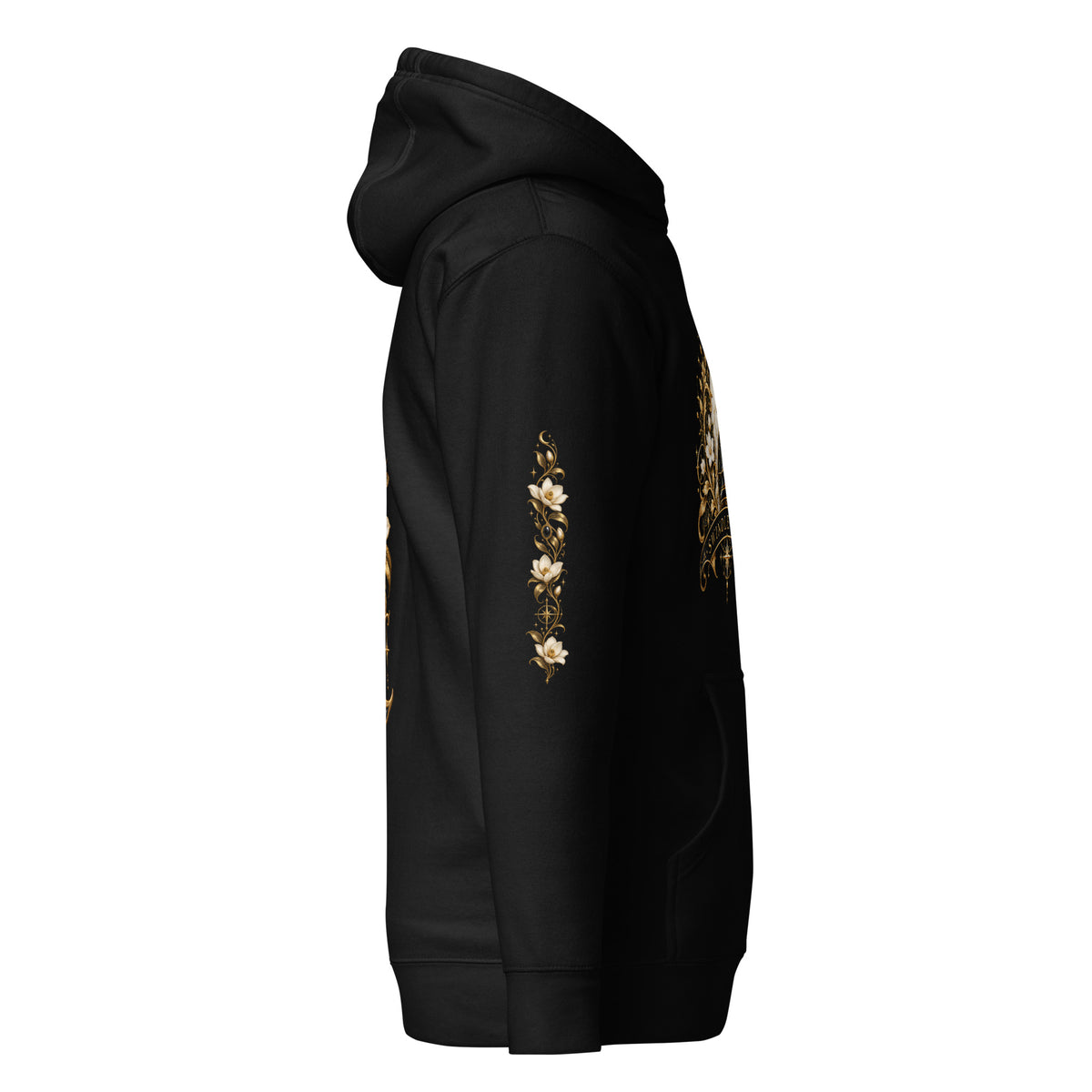 Swindle Queen Onyx Bloom black hoodie with gold queen wreath front, SQ monogram back print and floral sleeve detail